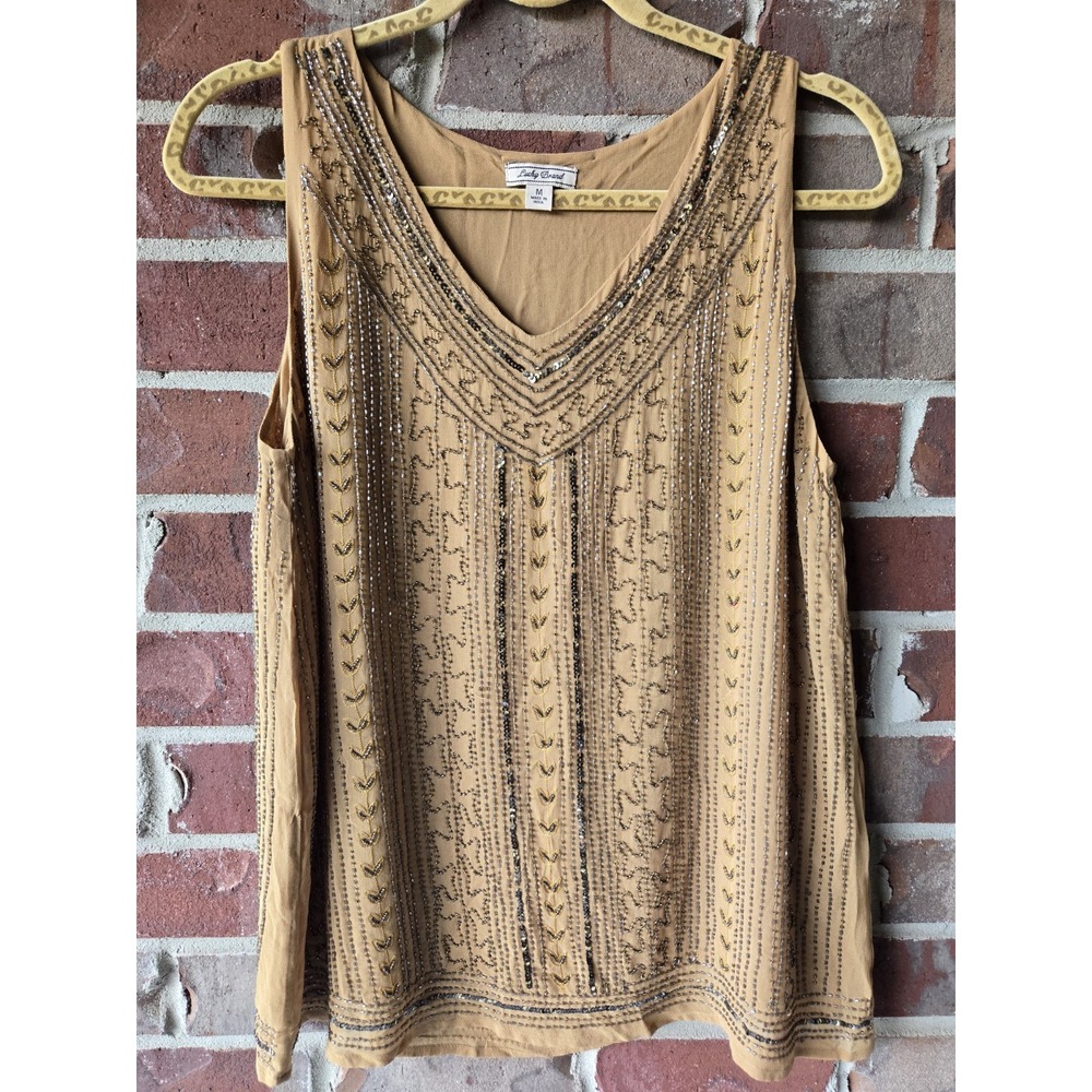 Lucky Brand Women's Tan Beaded Sequin Geometric V-Neck Sleeveless Tank Top M
